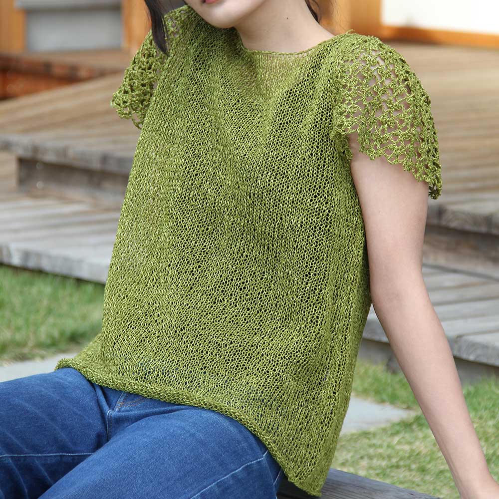 麻衣（あさぎぬ）で編む黄緑のプルオーバー