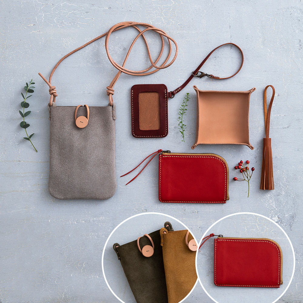 〈日本手芸普及協会通信講座〉手縫いレザークラフト本科　財布：レッド／ポーチ：オリーブ