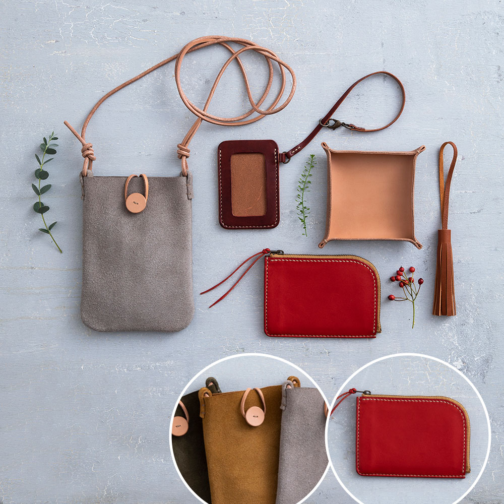 〈日本手芸普及協会通信講座〉手縫いレザークラフト本科　財布：レッド／ポーチ：キャメル