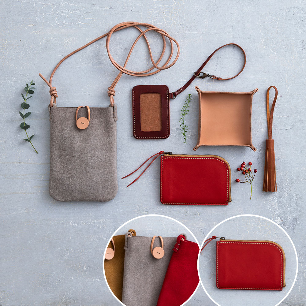 〈日本手芸普及協会通信講座〉手縫いレザークラフト本科　財布：レッド／ポーチ：グレー