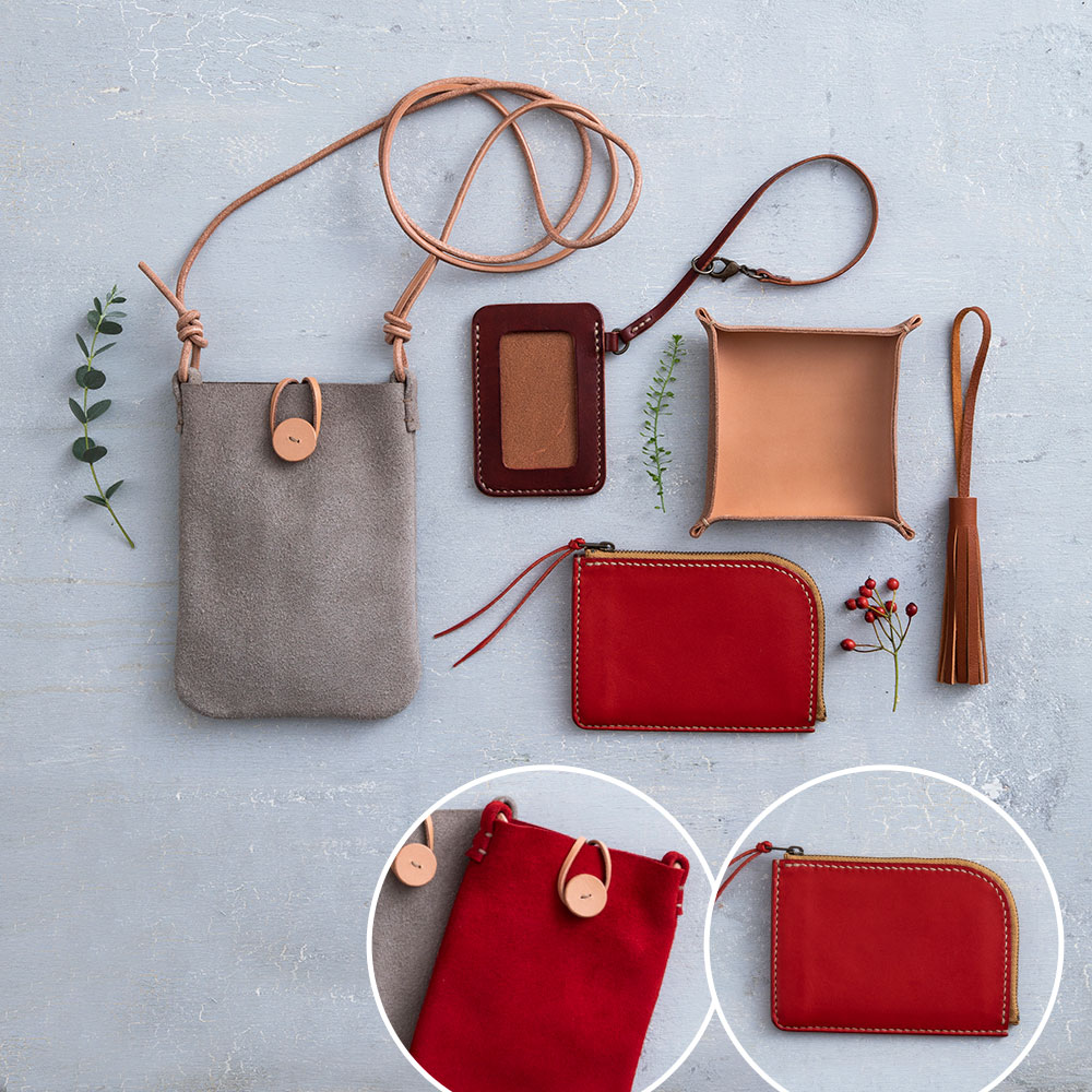 〈日本手芸普及協会通信講座〉手縫いレザークラフト本科　財布：レッド／ポーチ：レッド