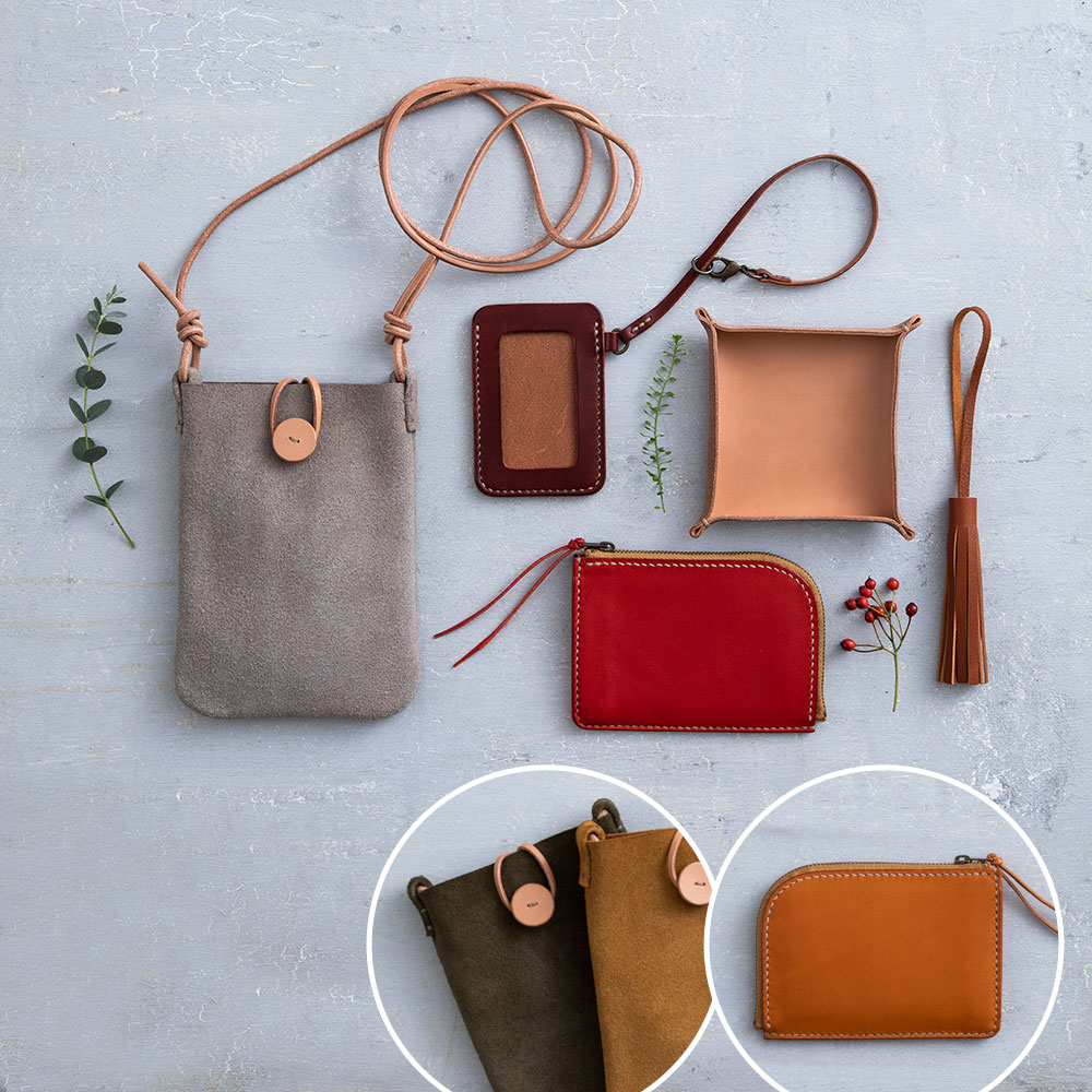 〈日本手芸普及協会通信講座〉手縫いレザークラフト本科　財布：キャメル／ポーチ：オリーブ