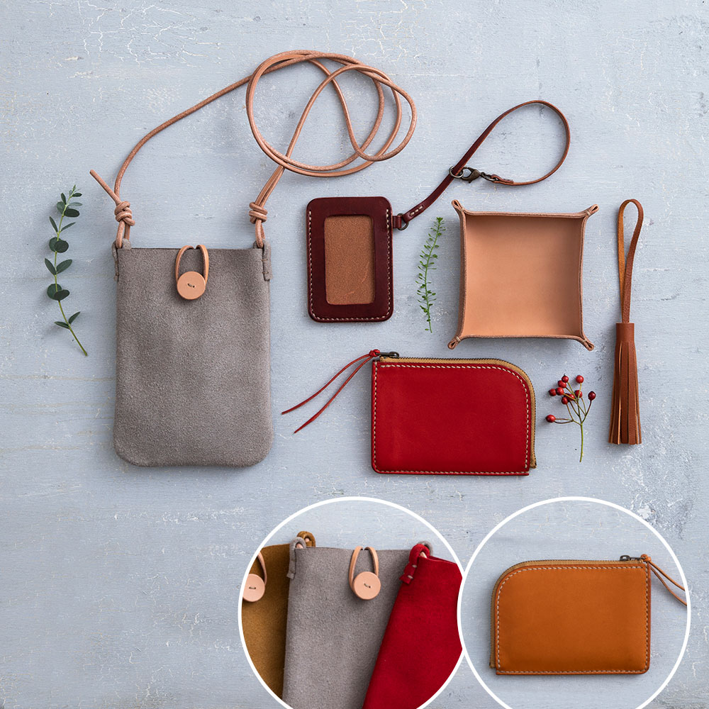 〈日本手芸普及協会通信講座〉手縫いレザークラフト本科　財布：キャメル／ポーチ：グレー