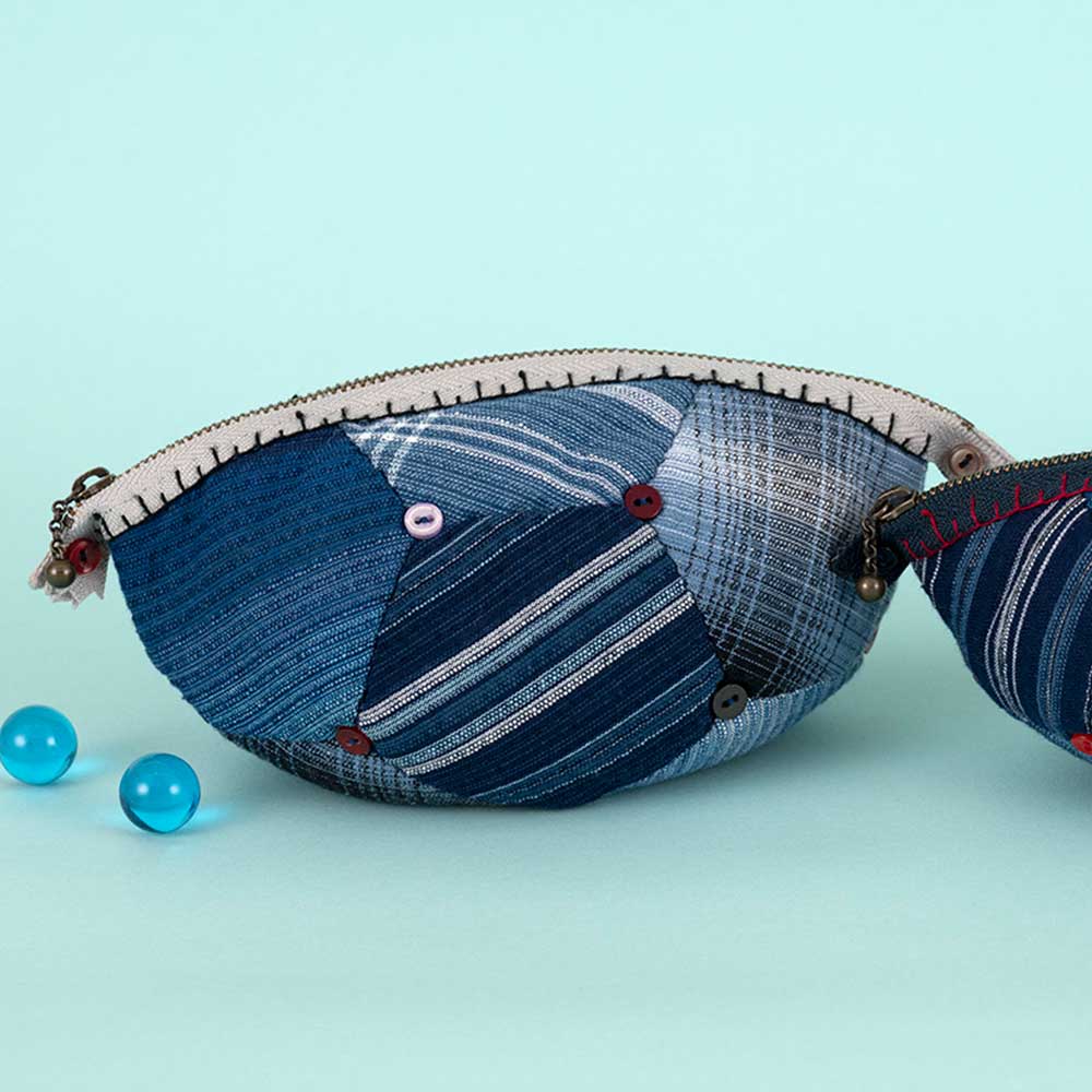 阿波しじら織で作るコロコロポーチ ［大］