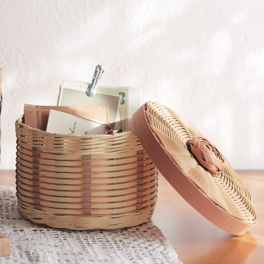 色んな編み方のクラフトテープかご　丸底ふた付