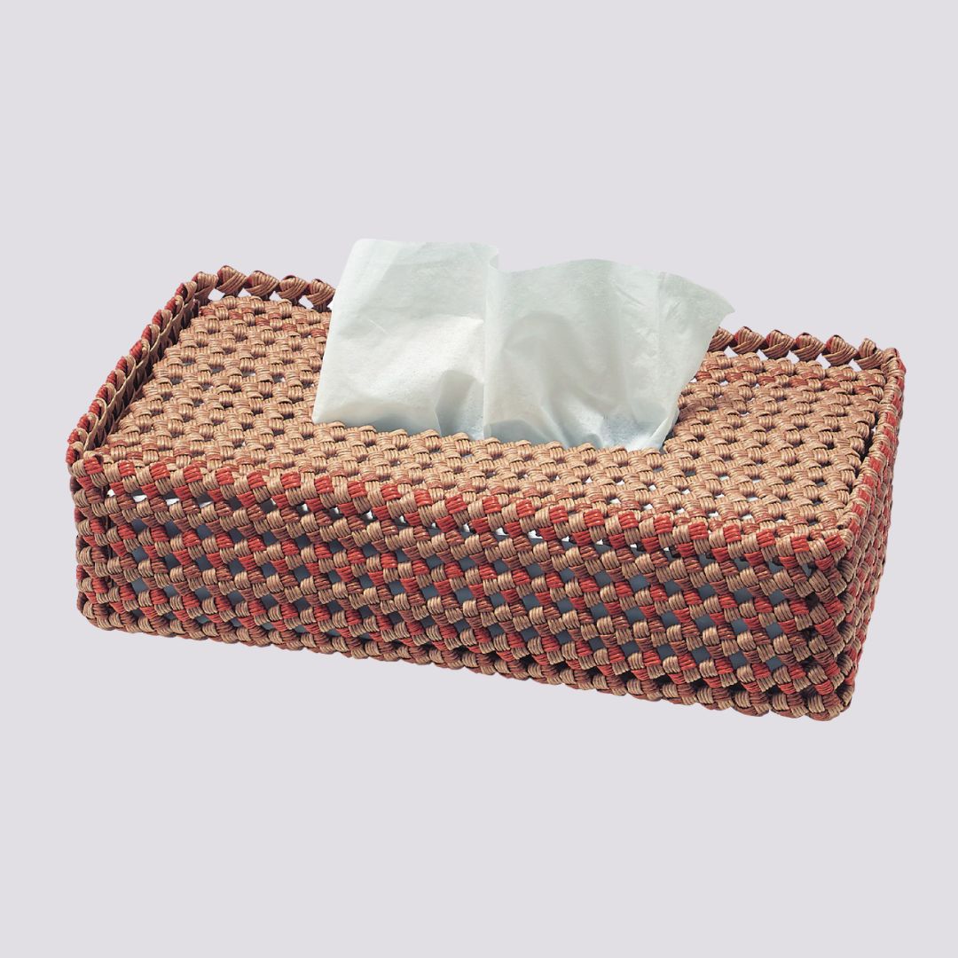 色んな編み方のクラフトテープかご　石畳テッシュカバー