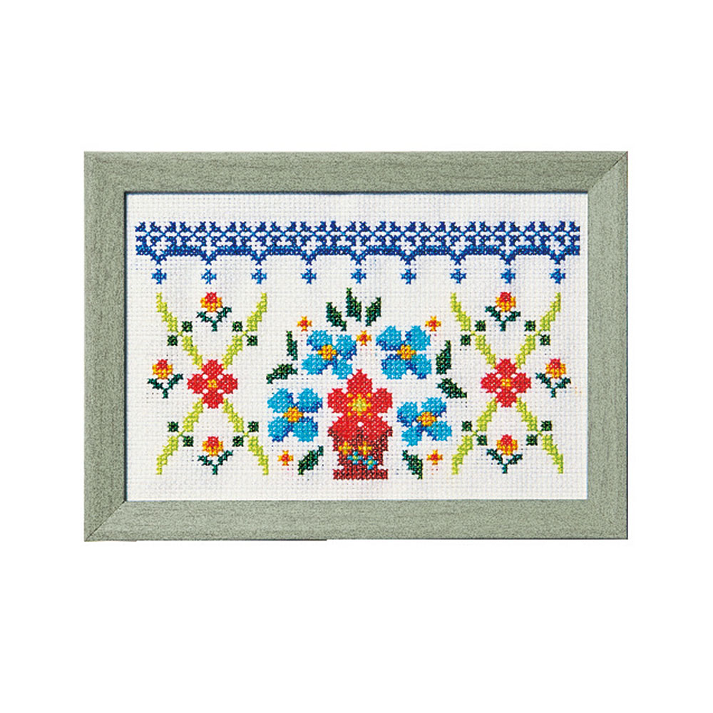 彩葉・ポーリッシュポタリー風クロスステッチ 手づくりキット　赤い花とレースのカーテン