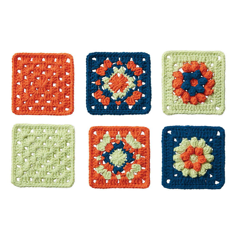 つなげて楽しむレトロポップなモチーフ編み　ネイビー×オレンジ×ライトグリーン