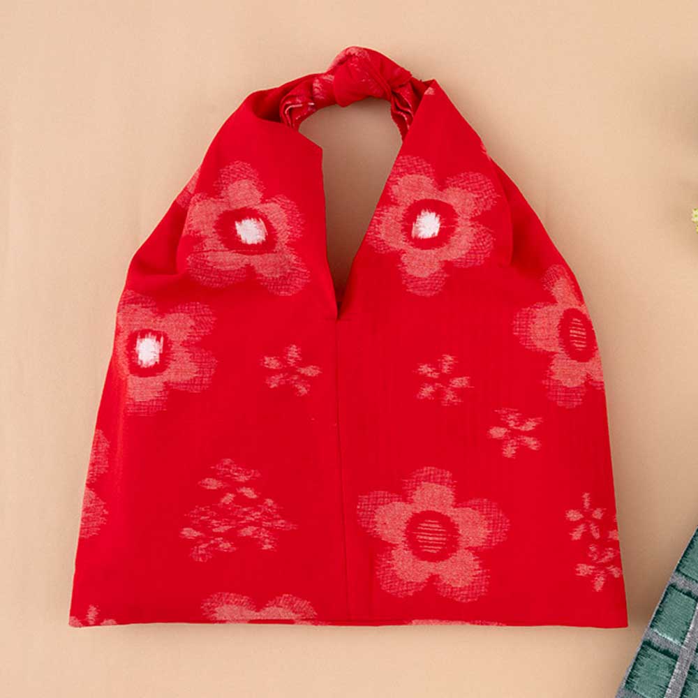 久留米絣で作るおむすび形バッグ［花テレコ・アカ］