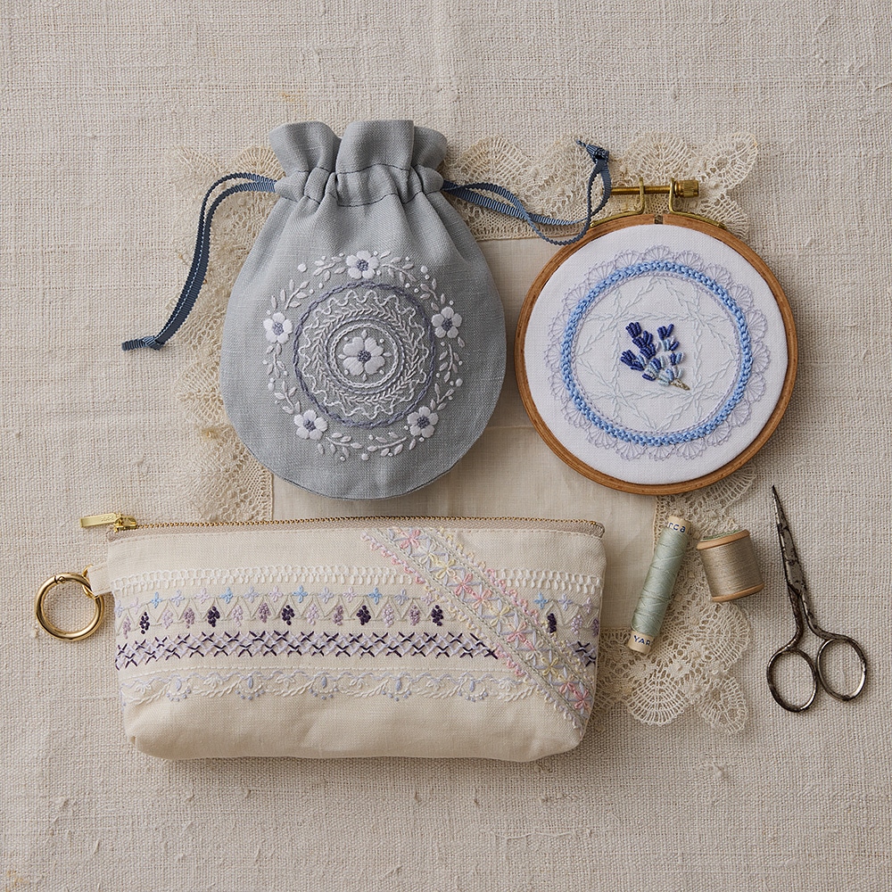 ユニークなステッチが学べる レースみたいな刺繍で彩る布こもの おまとめセット