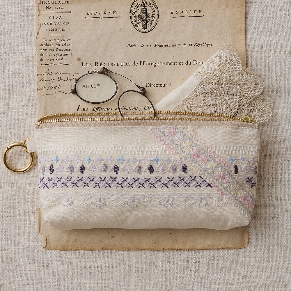 ユニークなステッチが学べる レースみたいな刺繍で彩る布こもの［裏布付きファスナーポーチ］