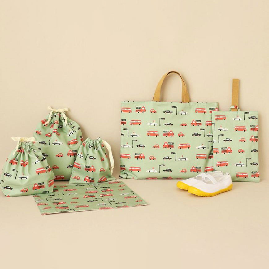 nunocoto fabric 入園・入学グッズ手作りキット6点セット［カーズ／モスグリーン］