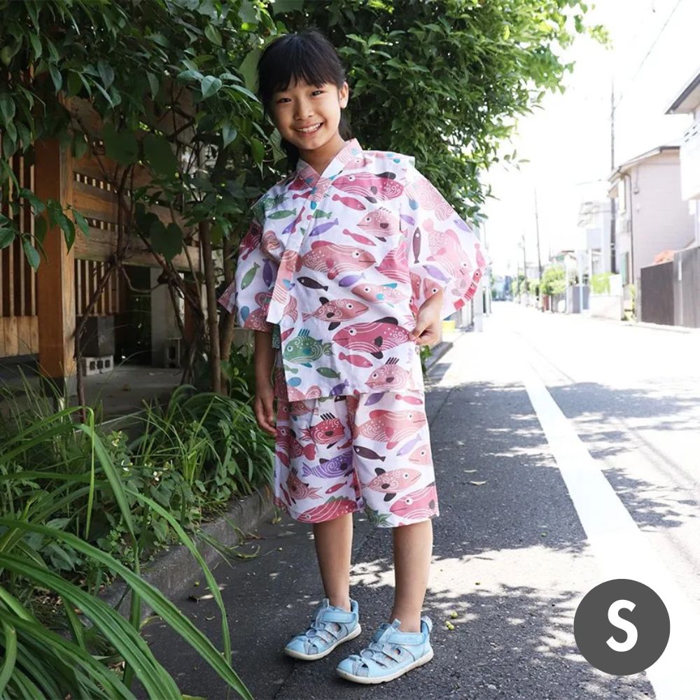 nunocoto fabric パターンファブリック こども甚平[うずまきフィッシュの群れ] Sサイズ（90～100サイズ）