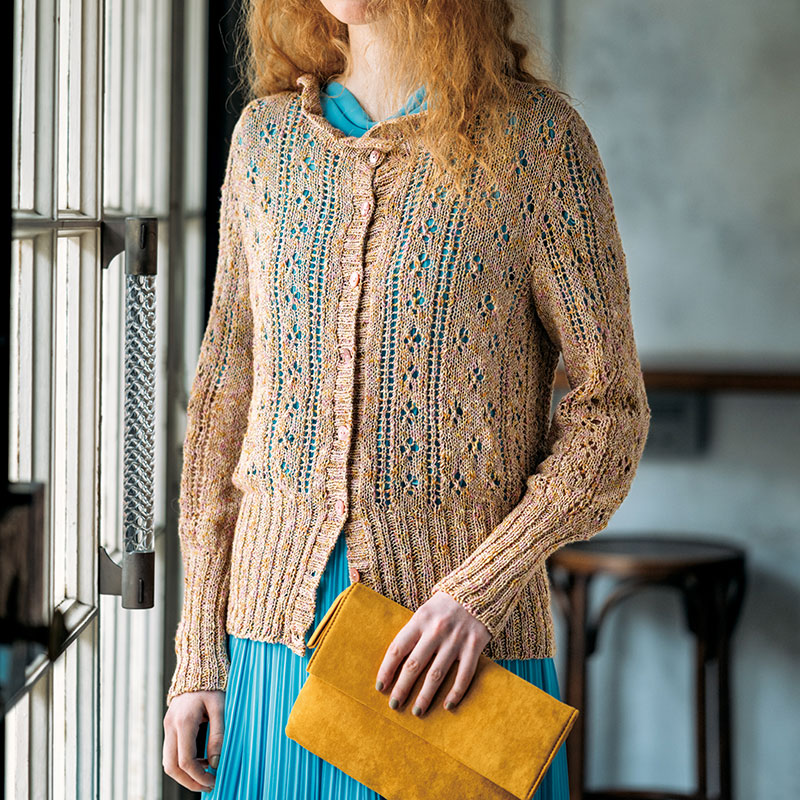 〈レシピ〉フリル衿のピンク系カーディガン