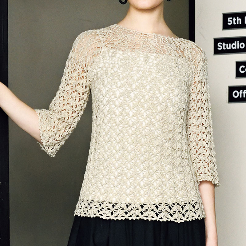 〈レシピ〉薄ベージュのかぎ針編み丸ヨークプルオーバー