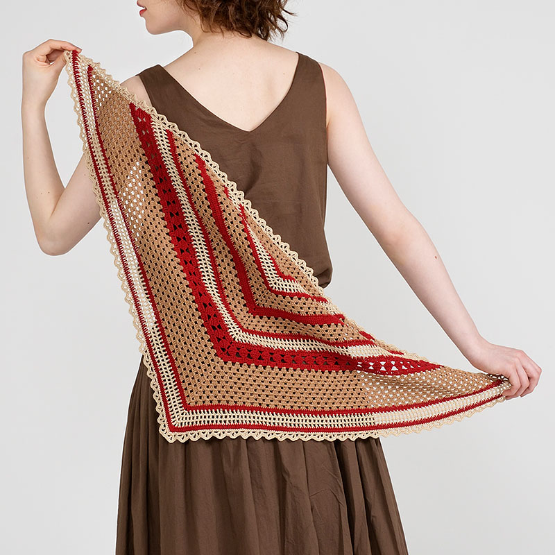 〈レシピ〉三角ショール 茶系ストライプ・薄茶