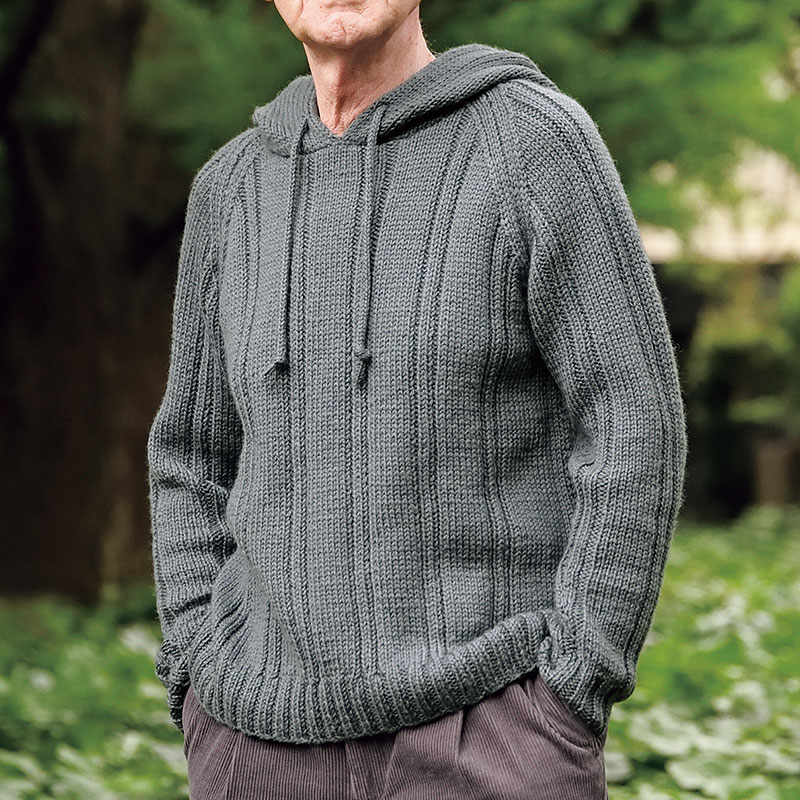 〈レシピ〉グレーのフード付きメンズプルオーバー