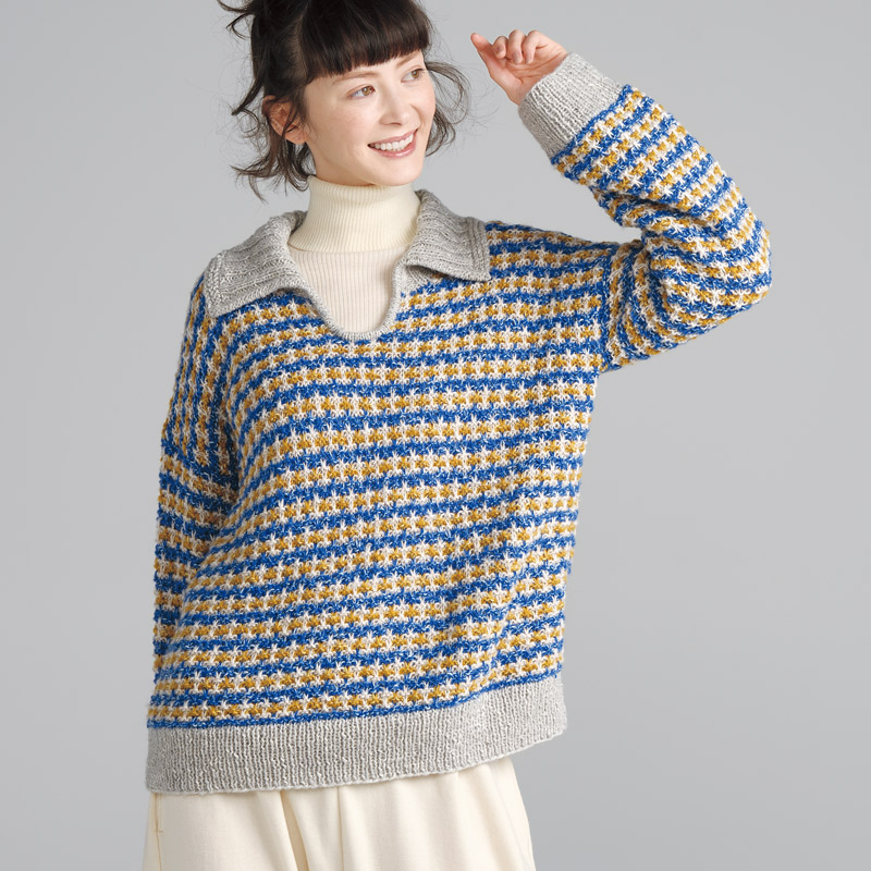 〈レシピ〉すべり目ボーダーの衿つきプルオーバー［L・LL］