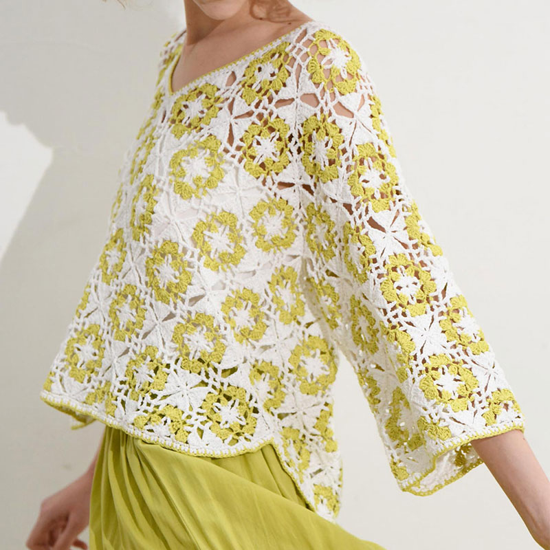 〈レシピ〉白と黄緑のVネックモチーフプル［M・L］