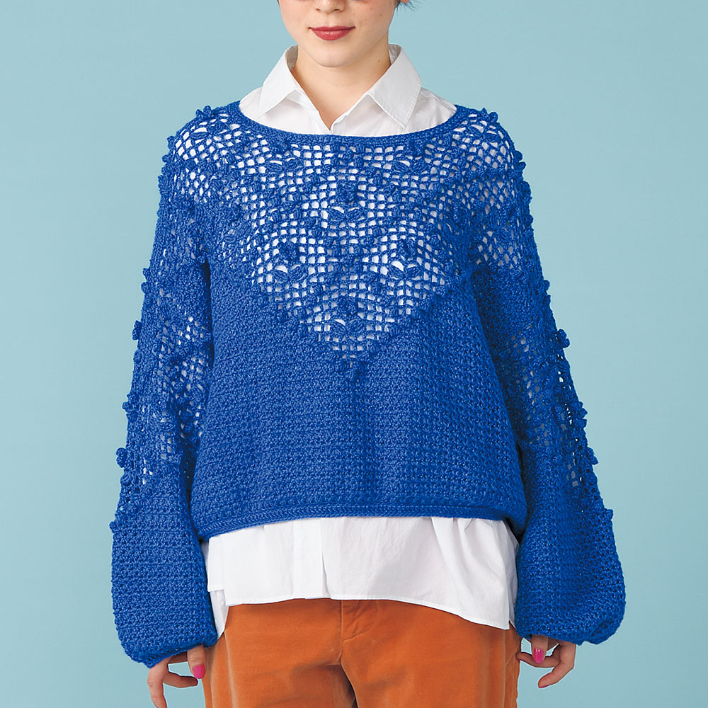 〈糸セット〉青の花モチーフのプルオーバー