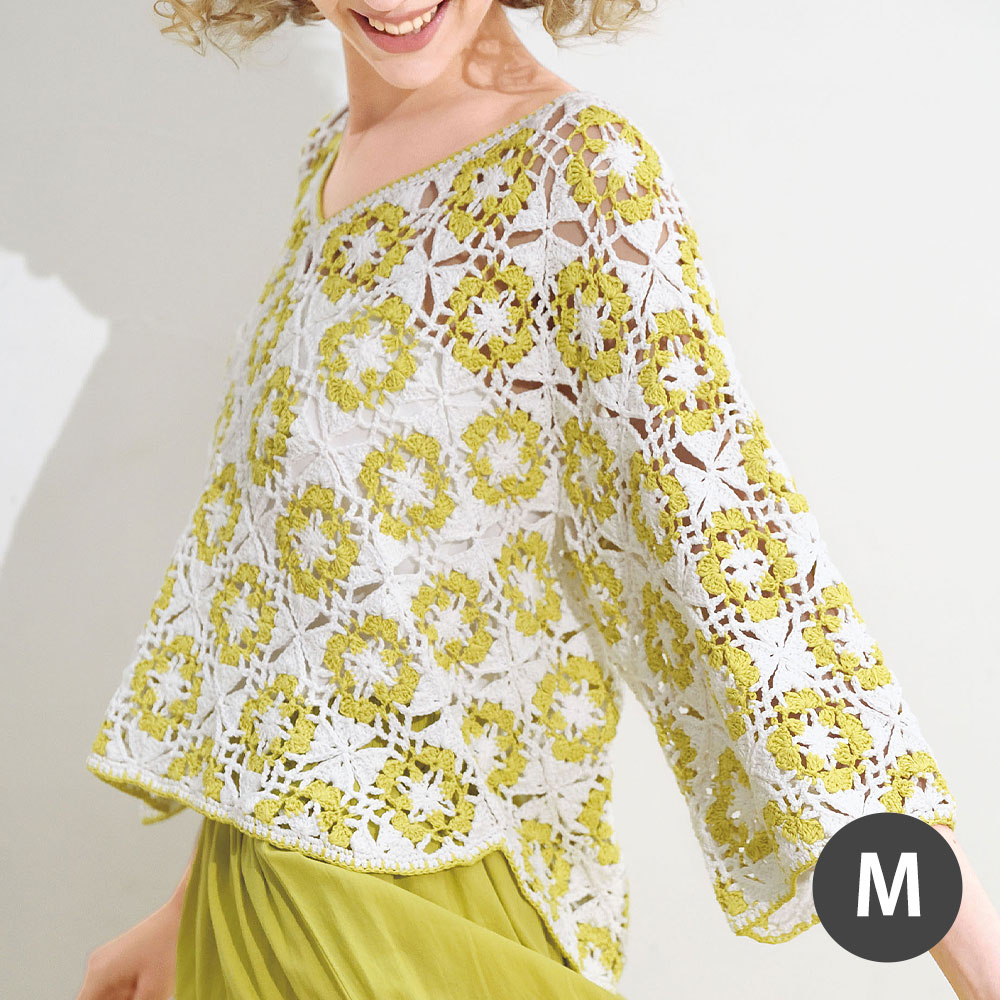 〈糸セット〉白と黄緑のVネックモチーフプルオーバー M