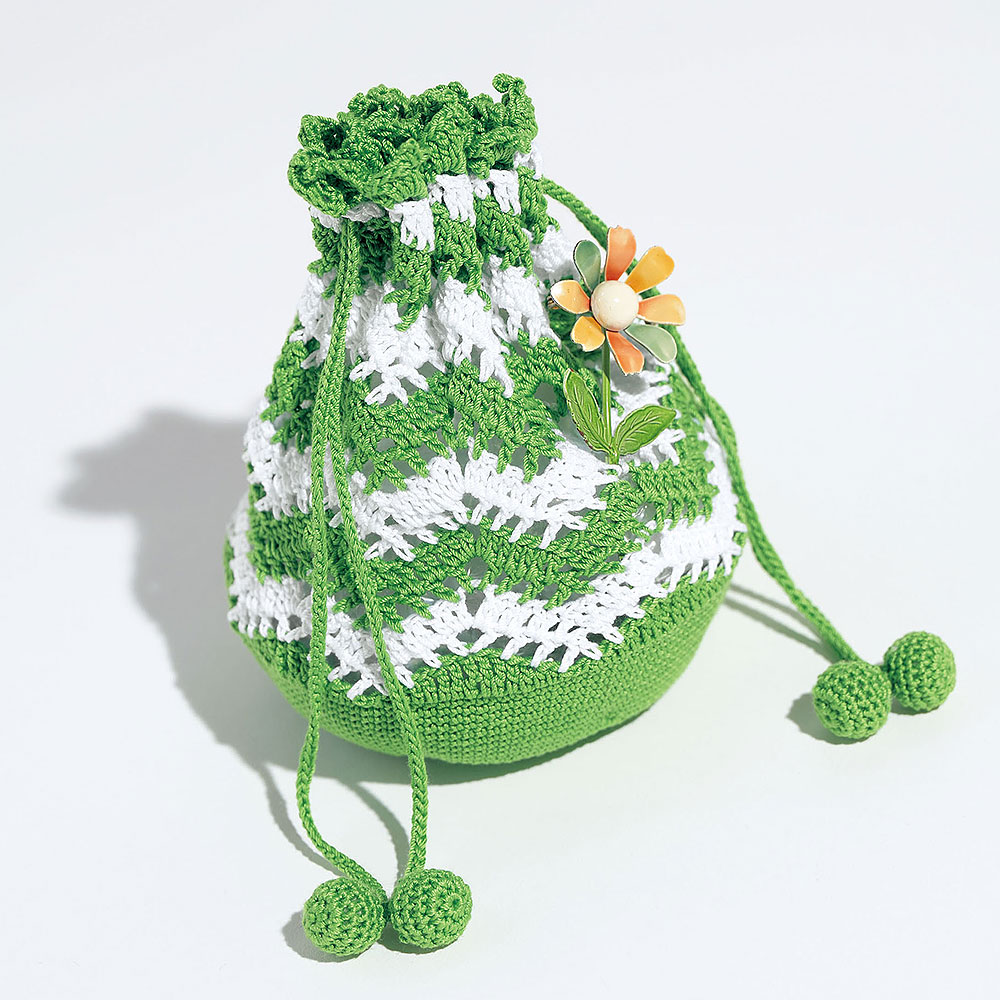 〈糸セット〉ふっくらラウンド巾着［グリーン×白］