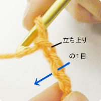 作り目の1目めの裏山に針を入れ、細編みを編みます。動画を参考にして、2段目の立ち上がりの鎖目を1目編み、編み地を持ちかえます。