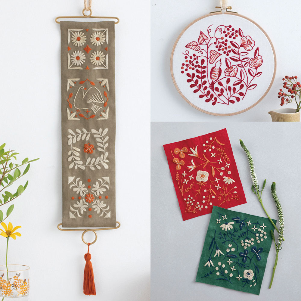 『刺繍で描く植物模様』刺しゅうキットシリーズ 　タイル模様のベルプル、レッド＆グリーンのサンプラー、赤い花と小鳥のフレーム