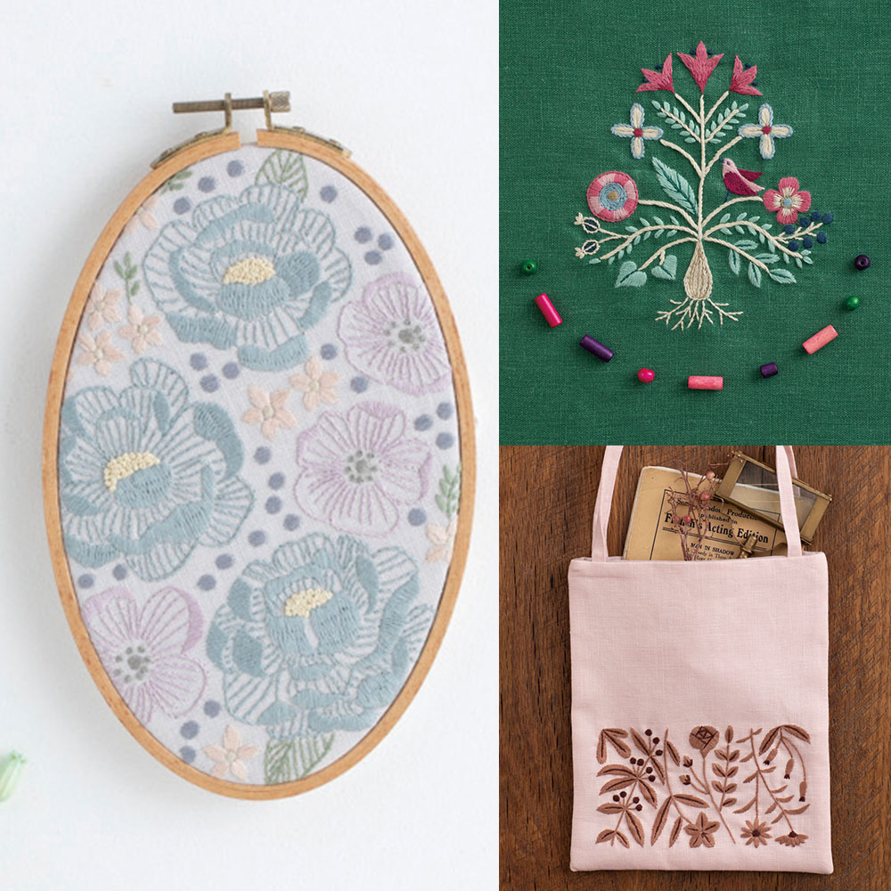 『刺繍で描く植物模様』刺しゅうキットシリーズ 　クールパステルのオーバルフレーム、秋の草花のミニバッグ、不思議な木と小鳥のサンプラー